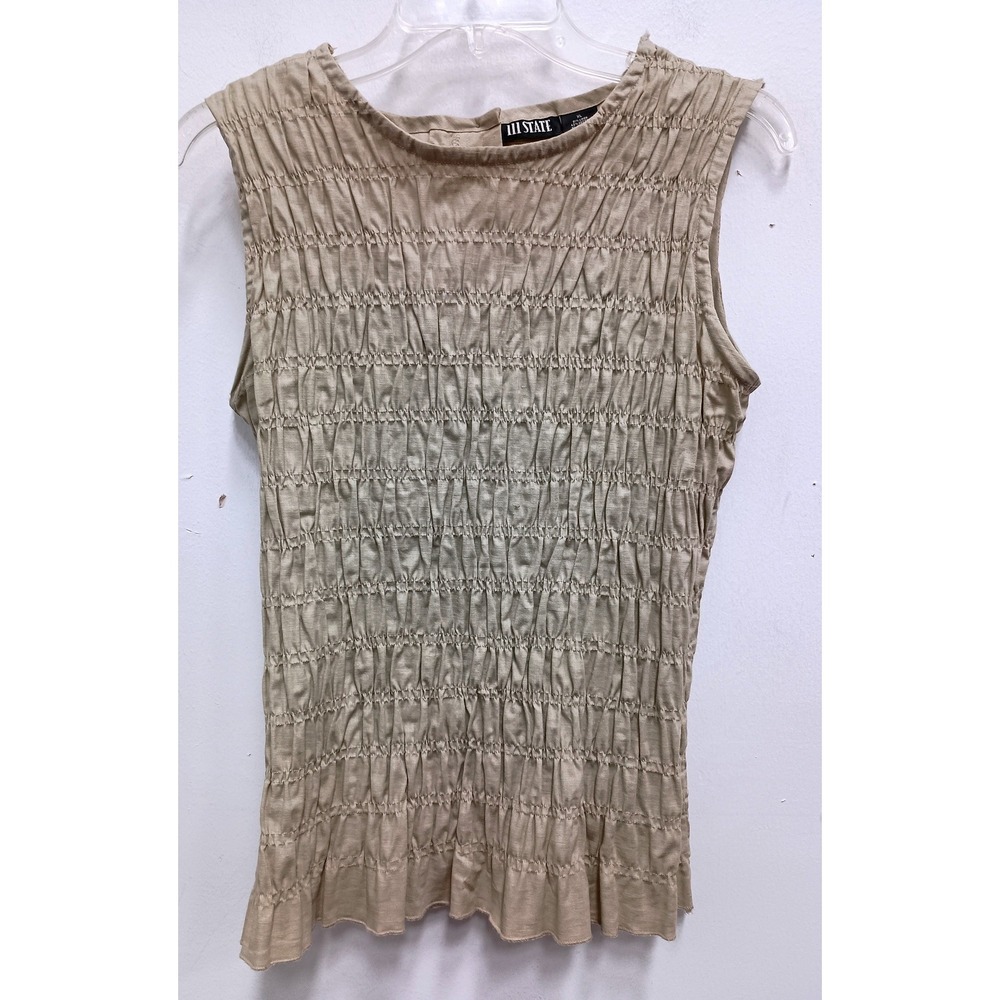 VTG Y2K III STATE Sleeveless Smocked Top‎ Women XL Tan Linen Blend Casual